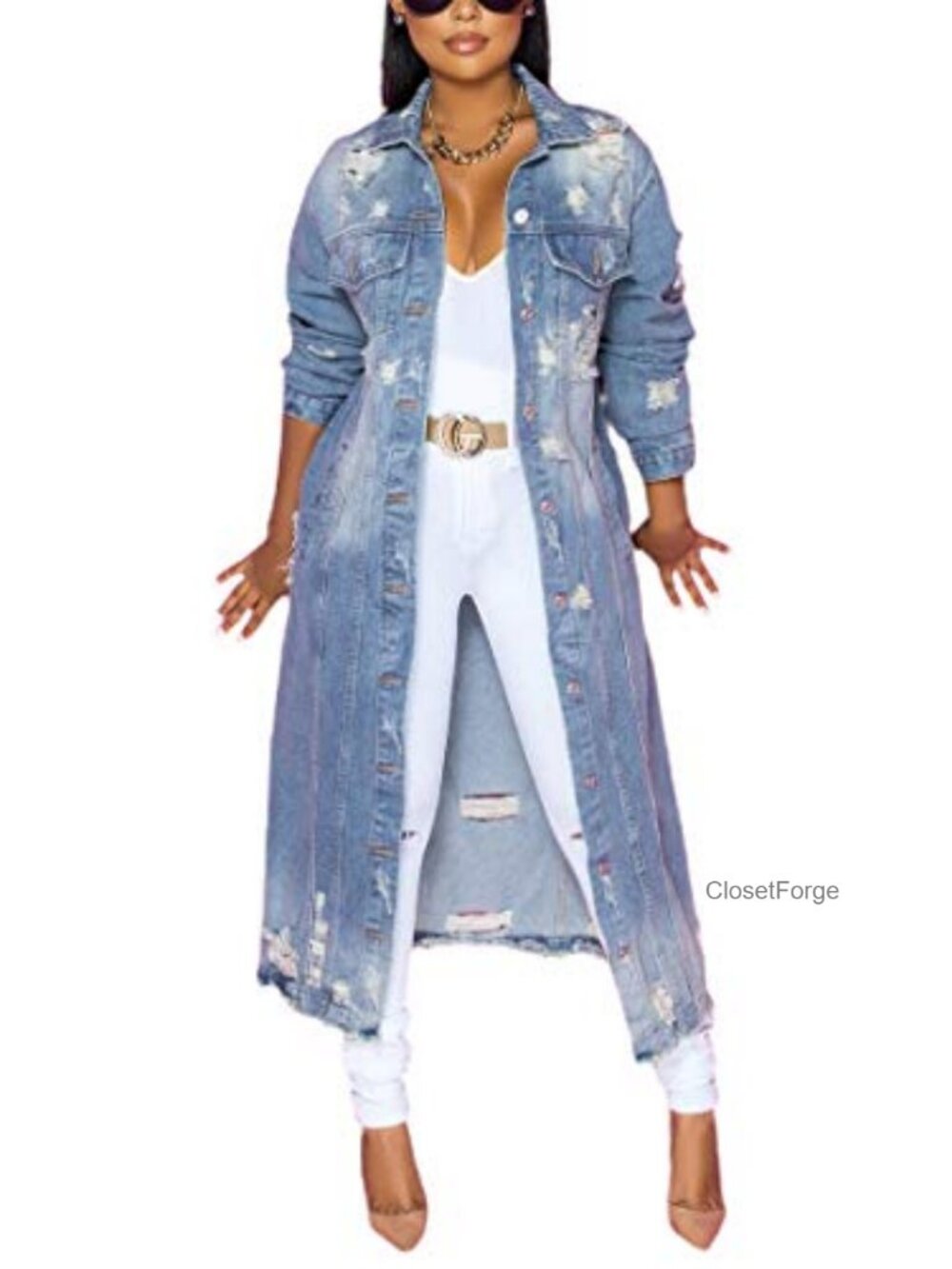 Women's Maxi Denim Trench Coat with Ripped Holes and Button Closure